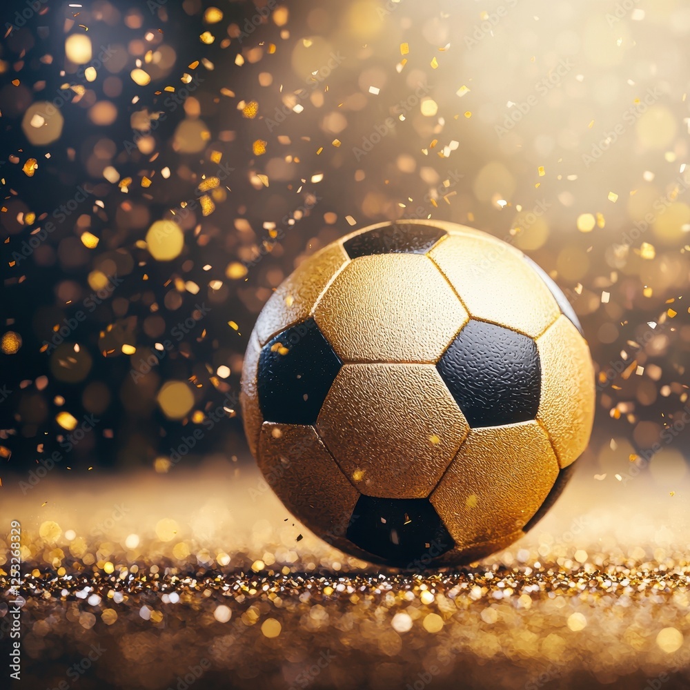 Fototapeta premium Shiny Golden Soccer Ball Surrounded by Sparkling Gold Dust