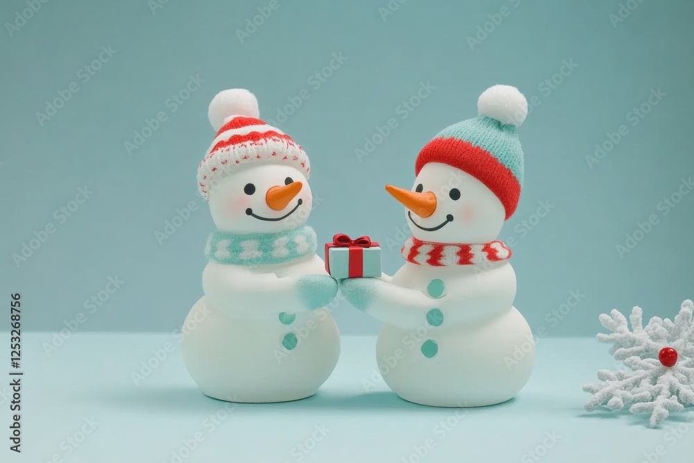 Two cute, happy snowmen, one is giving the other a small gift box in hand, against a winter background with a soft blue color palette Two cute, happy snowmen, one is giving the other a small gift box in hand, against a winter background with a soft blue color palette