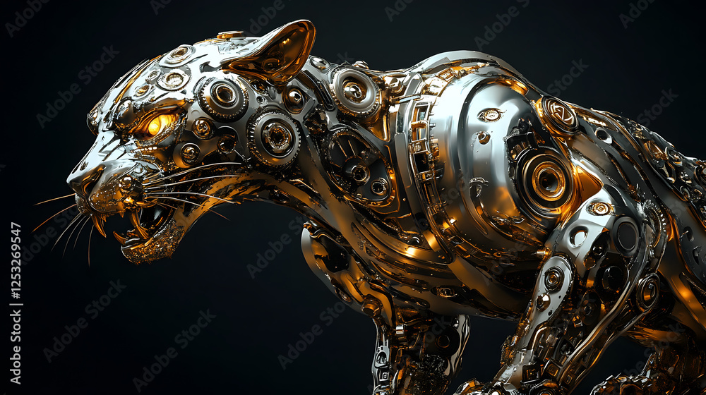 Fototapeta premium A cyberpunk-style metal and gold leopard with an aggressive look 