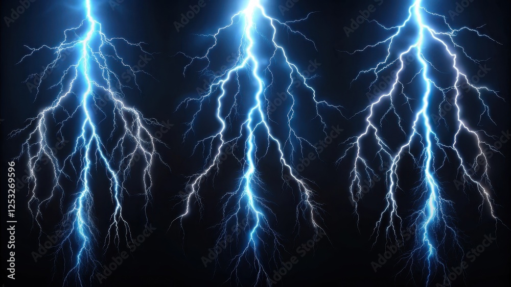Triple Bolts of Electrifying Blue Lightning Streaking Across a Dark Night Sky