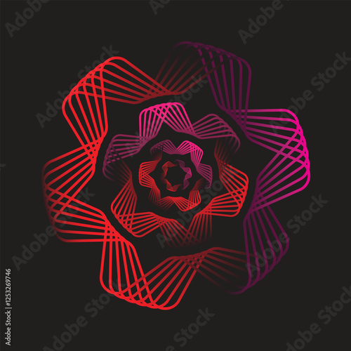 A futuristic geometric floral design with an intricate pattern of glowing red and pink gradient lines