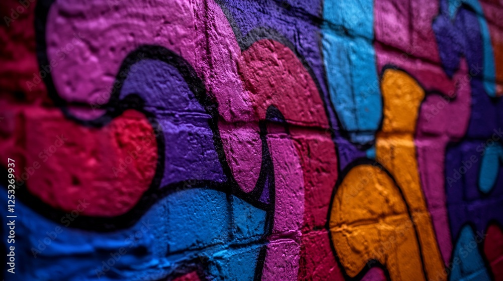 Vibrant mural artwork adorning an exterior brick wall surface Vibrant mural artwork adorning an exterior brick wall surface