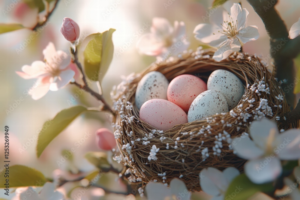 cozy nest nestled within a vibrant apple blossom tree, featuring pastel-colored Easter eggs