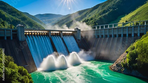 Large Hydroelectric Dam Releasing Powerful Water Flow into Turquoise River Surrounded by Green Mountains

 photo