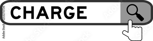 Search banner in word charge with hand over magnifier icon on white background