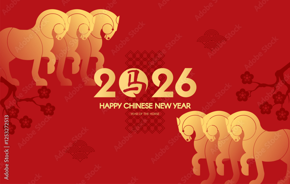 Happy Chinese New Year, year of the horse! Lunar new year card template. Chinese text means 