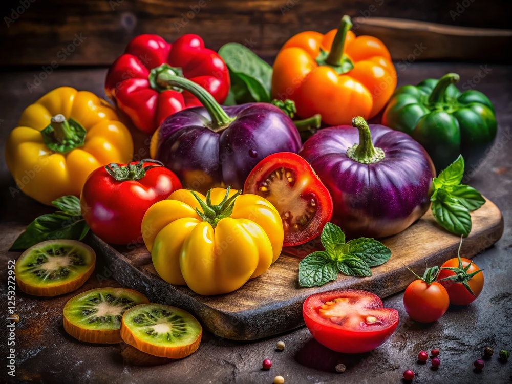 Vibrant Rainbow Vegetable Slices: Low Light Photography of Tomatoes, Peppers, Potatoes & Zucchini Vibrant Rainbow Vegetable Slices: Low Light Photography of Tomatoes, Peppers, Potatoes & Zucchini