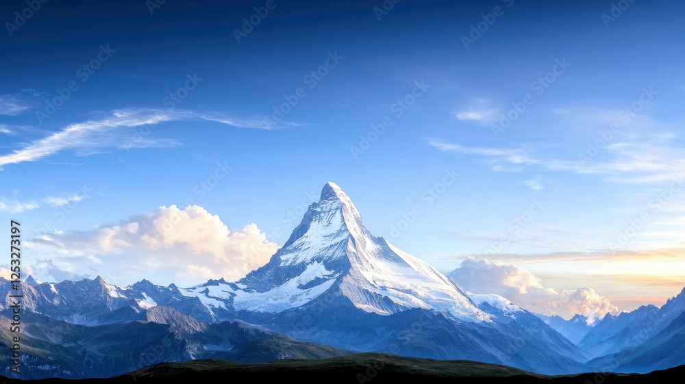 Majestic mountain peak silhouetted against clear blue sky, showcasing nature beauty and tranquility Majestic mountain peak silhouetted against clear blue sky, showcasing nature beauty and tranquility