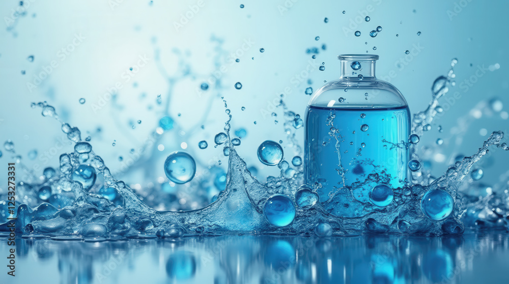 A bottle filled with blue liquid sits on a smooth surface, surrounded by dynamic splashes of water. The setting is bright and focuses on the beauty of the flow and reflections A bottle filled with blue liquid sits on a smooth surface, surrounded by dynamic splashes of water. The setting is bright and focuses on the beauty of the flow and reflections