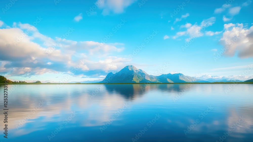 serene mountain reflection in still pond under clear blue sky. tranquil scene captures beauty of nature serene mountain reflection in still pond under clear blue sky. tranquil scene captures beauty of nature