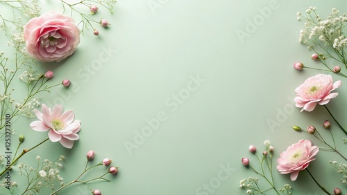 Delicate Pink Flowers and Buds Arranged on a Pale Green Background for Springtime Designs