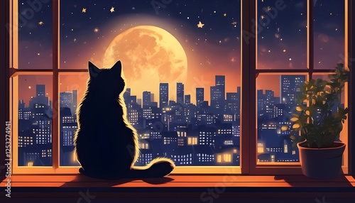 fluffy cat sits by a window, gazing at a moonlit cityscape.