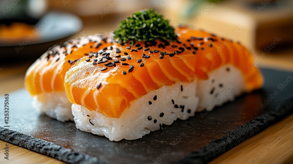 Salmon Sushi on Dark Slate Plate, Close-up Salmon Sushi on Dark Slate Plate, Close-up