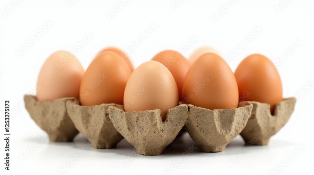Rustic Wooden Egg Holder with Eggs on White Background Rustic Wooden Egg Holder with Eggs on White Background