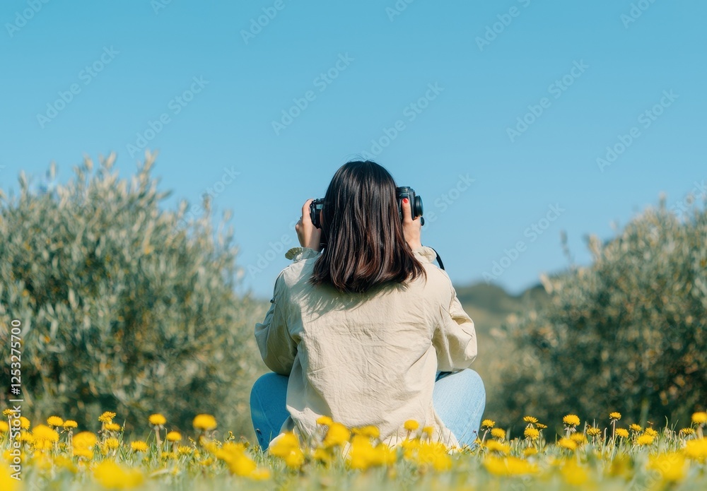 Fototapeta premium Photographer Capturing Nature in a Field of Yellow Dandelions
