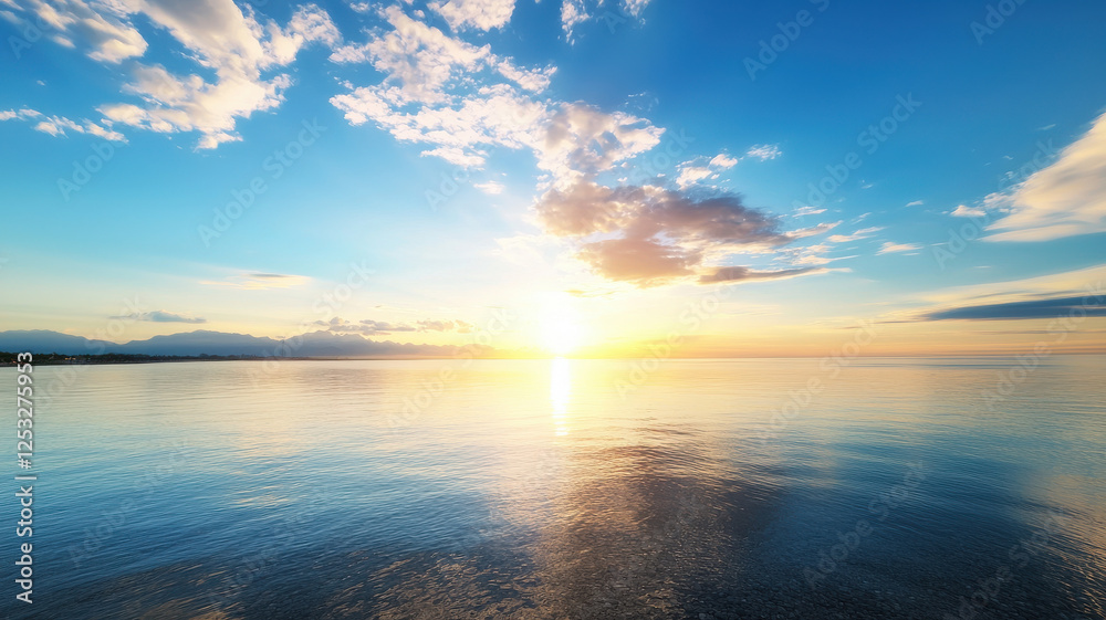 Obraz premium serene sunrise over calm ocean, reflecting vibrant colors and soft clouds