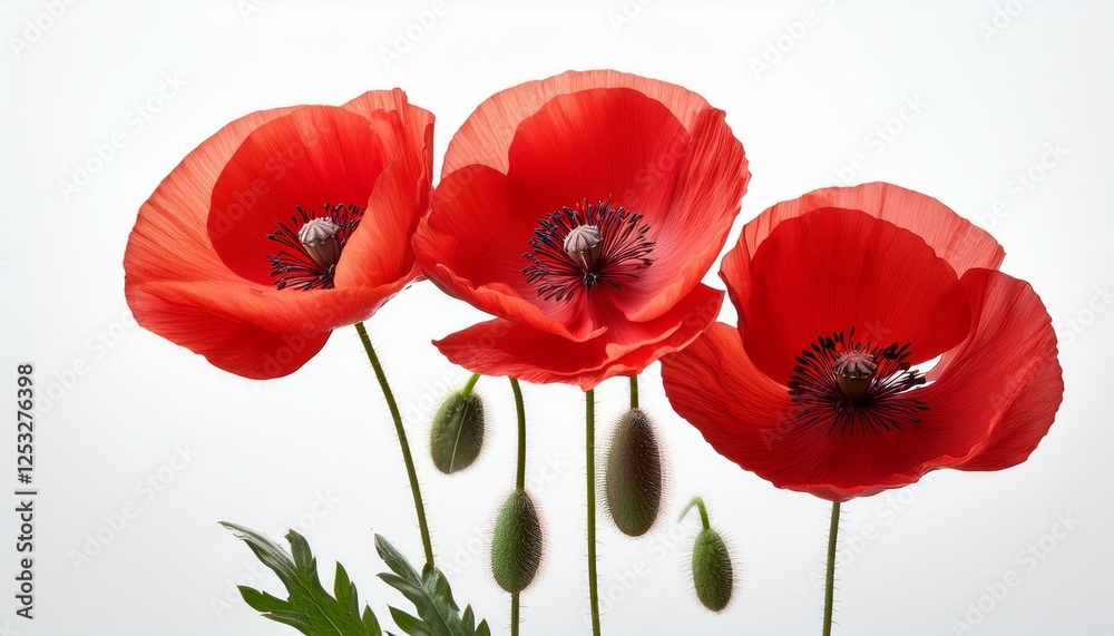 Obraz premium three vibrant red poppies in various stages of bloom isolated against a white background the delicate petals and the green stems create a striking contrast