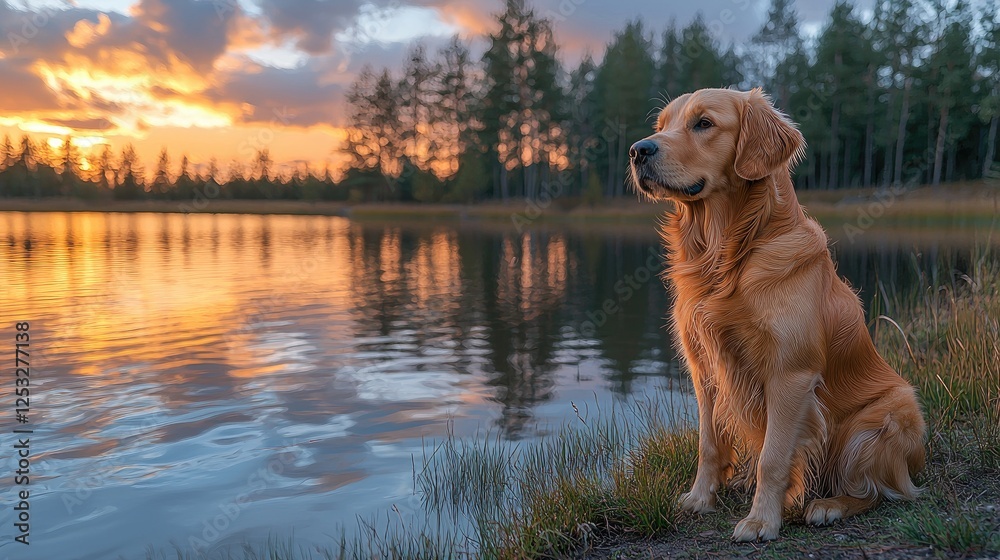 Golden Retriever at Sunset Lakeside Serenity Golden Retriever at Sunset Lakeside Serenity