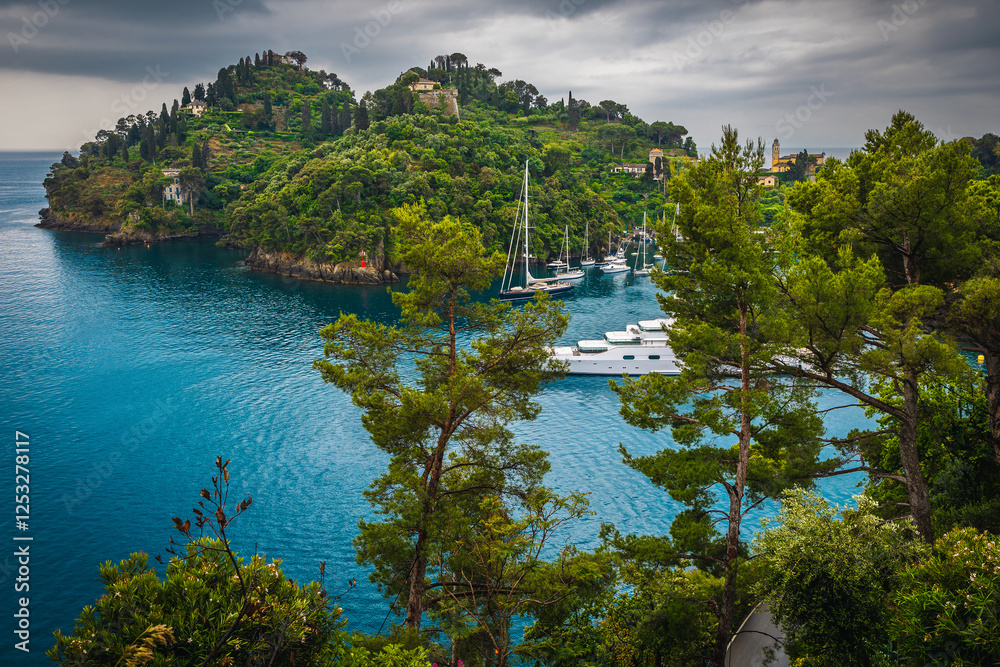 Anchored yachts in the bay of Portofino, Liguria, italy
