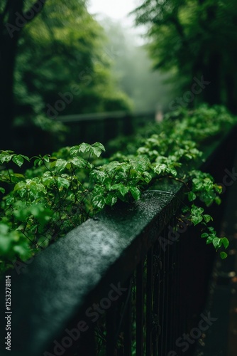 Lush green foliage on a wet bridge railing, misty forest background. Possible use nature photography, travel brochure photo