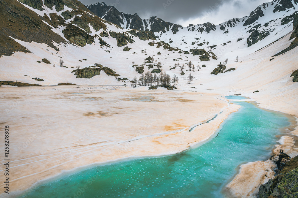 Spectacular glacier lake near Lake Trecolpas in the French Alps