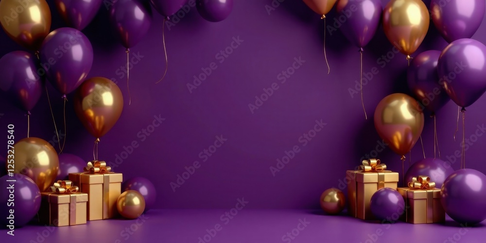 Elegant Purple and Gold Balloons with Gift Boxes on Purple Background Elegant Purple and Gold Balloons with Gift Boxes on Purple Background