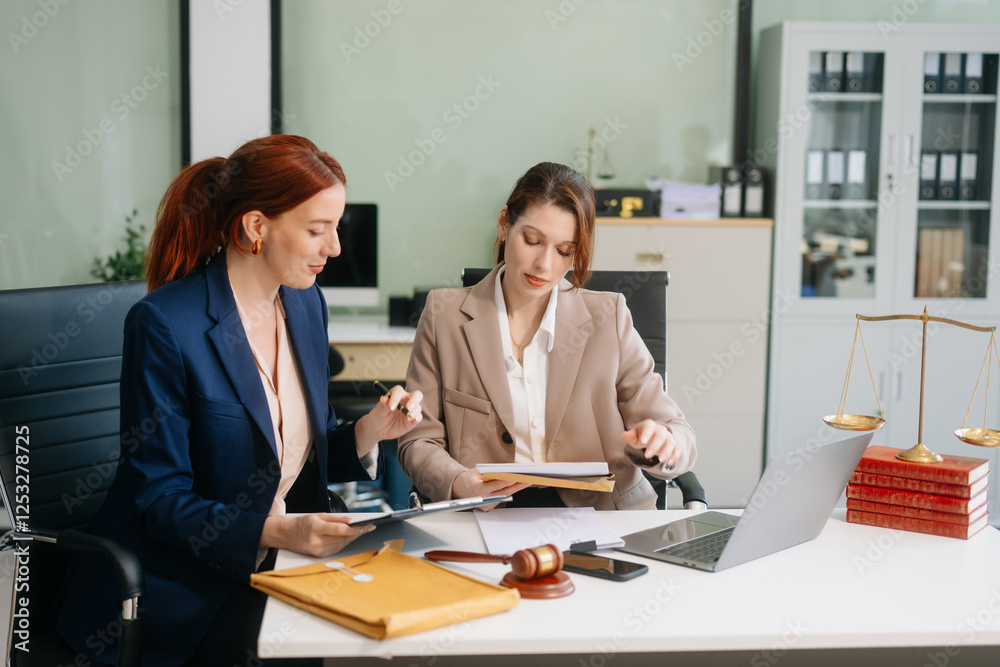 Professional female lawyers consulting on legal cases in a modern office. Perfect for law, business, justice Professional female lawyers consulting on legal cases in a modern office. Perfect for law, business, justice