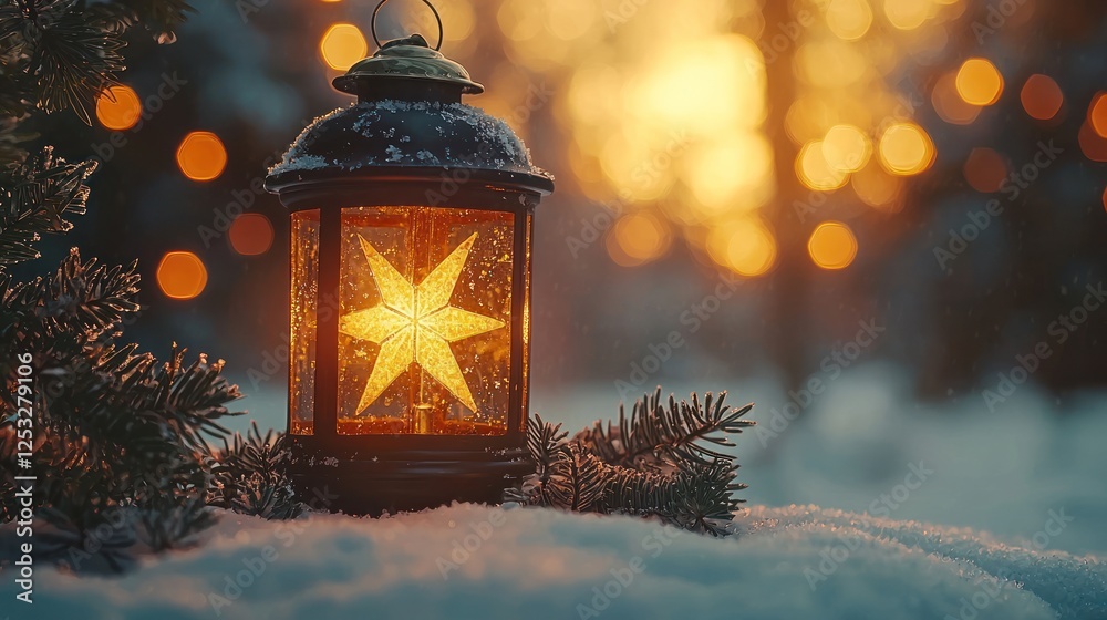 Illuminated Lantern Star Winter Snow Scene Illuminated Lantern Star Winter Snow Scene