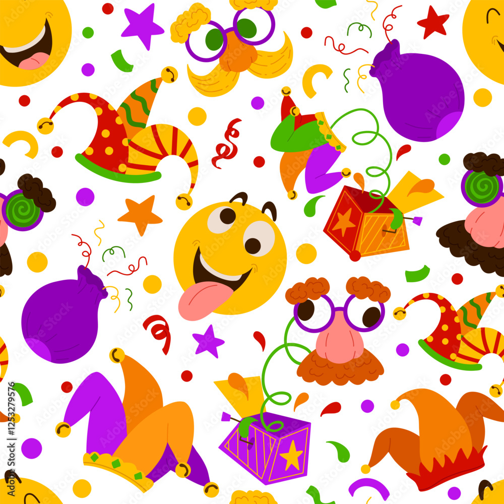 Obraz premium April Fool's Day symbols vector seamless pattern. Bright background with mask, emoji, jester's hat, jack in de box. Backdrop for Joke Day isolated on white for wrapping, textile, print, web