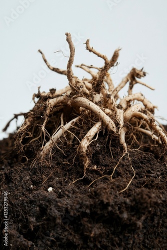 Close-up plant roots in soil, nature details, simple background, botanical study, education use photo