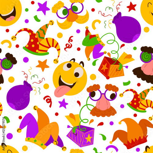 April Fool's Day symbols vector seamless pattern. Bright background with mask, emoji, jester's hat, jack in de box. Backdrop for Joke Day isolated on white for wrapping, textile, print, web