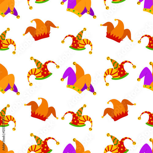 Jester's hat vector seamless pattern. Bright background for April Fool's Day. Traditional clown hat backdrop for Joke Day isolated on white for wrapping, textile, print, web
