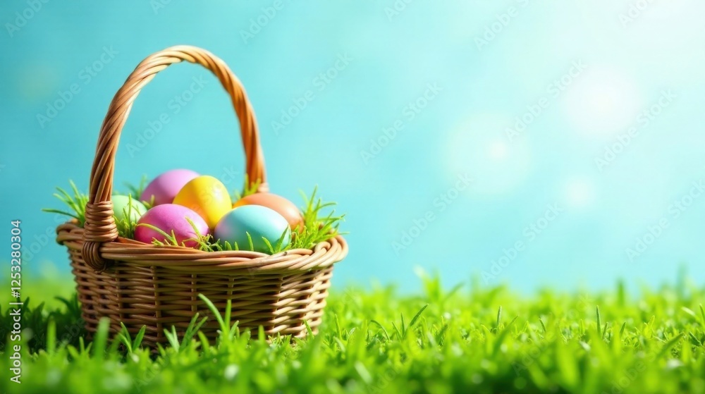 A springtime wicker basket brimming with colorful pastel eggs rests gently on a vibrant green lawn, bathed in the soft glow of sunlight.