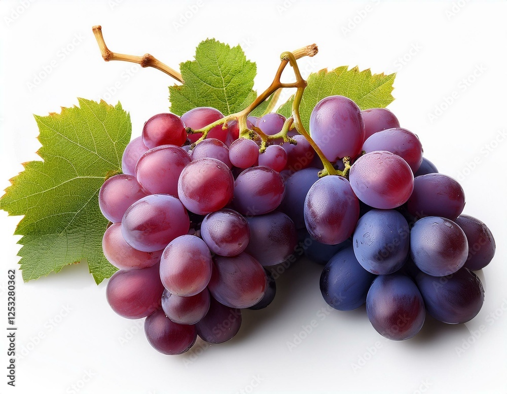 Fototapeta premium three bunches of ripe grapes with green leaves isolated on a white background