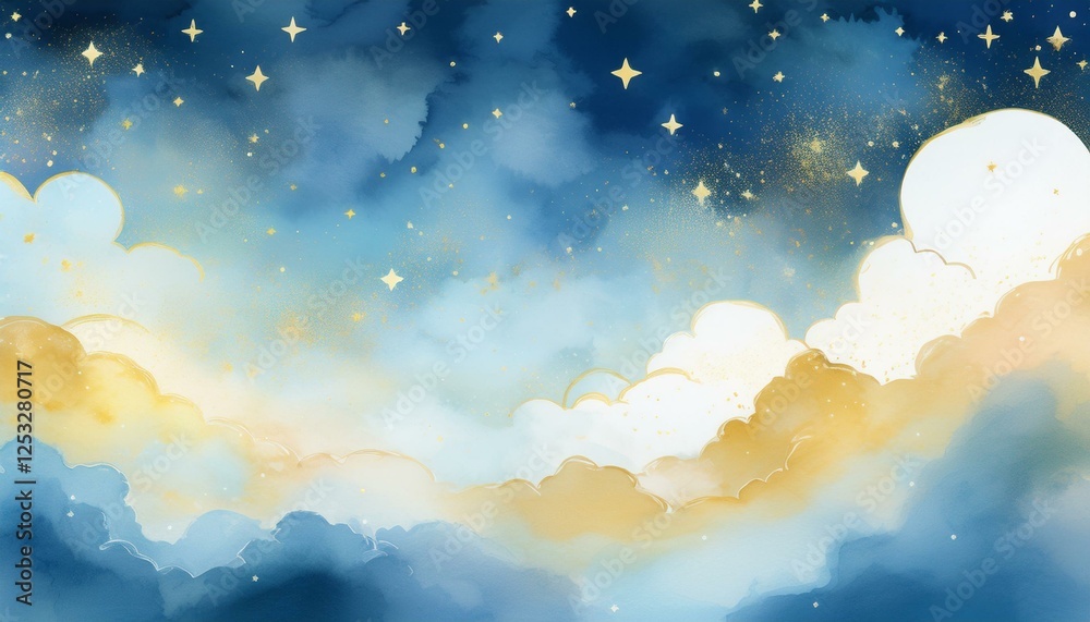 abstract watercolor sky with white clouds and golden stars blue yellow and pastel colors create a background for design print cover or presentation abstract watercolor sky with white clouds and golden stars blue yellow and pastel colors create a background for design print cover or presentation