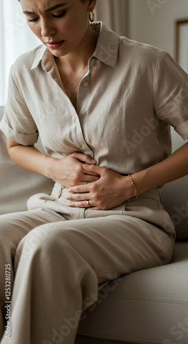 Stomach Pain: Woman Suffering Abdominal Discomfort. Causes, Symptoms & Relief | Health Concerns