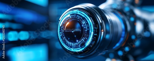 Wallpaper Mural A close-up view of a futuristic camera lens with intricate details and glowing blue accents, showcasing advanced technology. Torontodigital.ca