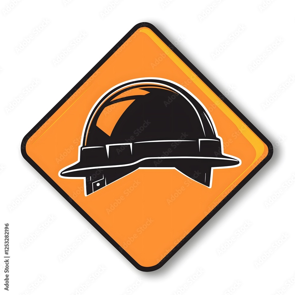 Fototapeta premium Construction Safety Hard Hat Warning Sign Decal Industrial Workplace Protection Equipment Symbol Orange Black Diamond Shaped Sticker for Job Site Security