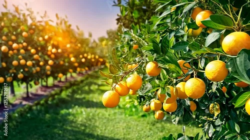 Oranges branch with green leaves on tree. Oranges growing on the orchard. Big fresh ripe orange fruits hanging on green natural blurred background of plantation. Picking. Citrus farm harvest. Sunlight