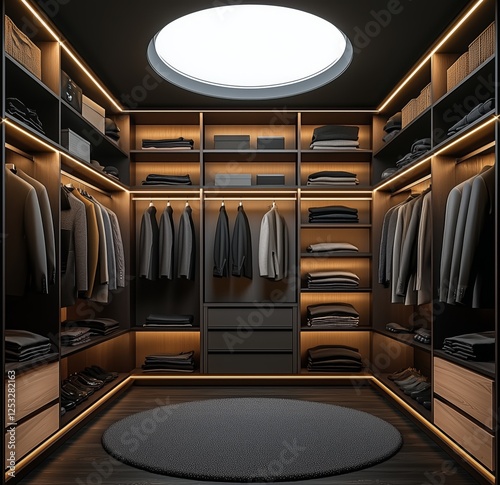 Modern walk-in closet design with circular skylight and organized clothing storage photo