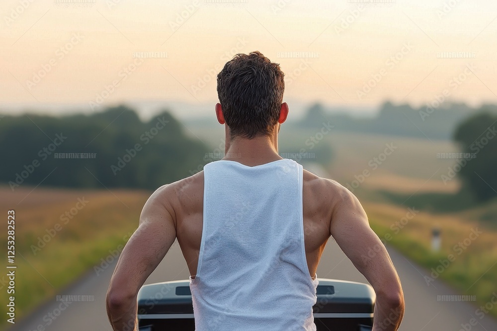 Fototapeta premium Man Standing on Road with Scenic Horizon and Calm Landscape Background