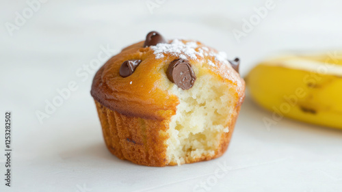 delicious banana muffin with chocolate chips, partially eaten, showcasing its fluffy texture photo