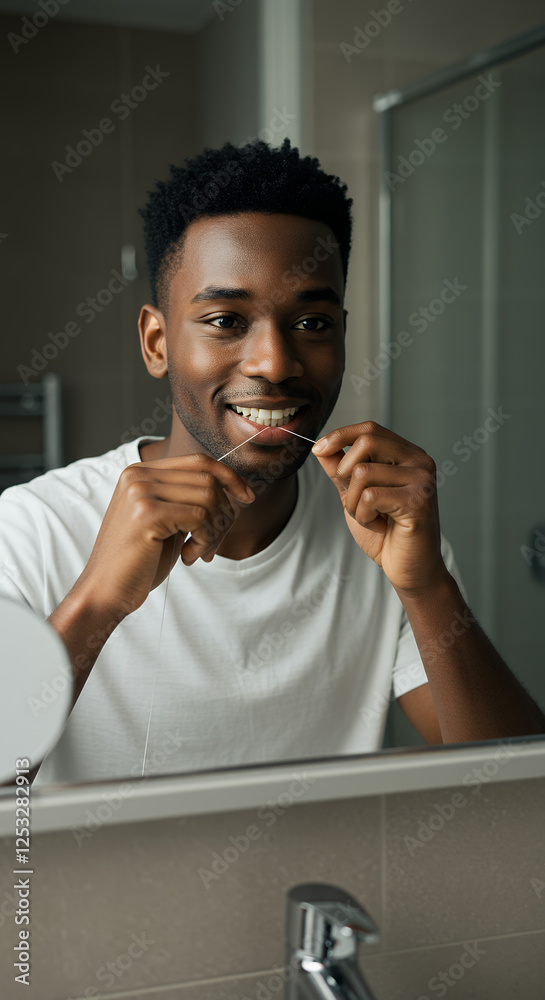 Fresh Breath Confidence: Man Flossing Teeth for a Healthy Smile, Black Male, Oral Hygiene, Bathroom Routine & Dental Care in Mirror Fresh Breath Confidence: Man Flossing Teeth for a Healthy Smile, Black Male, Oral Hygiene, Bathroom Routine & Dental Care in Mirror