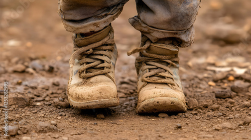 Close-up of a childa??s feet stepping forward on a dirt road, wearing old shoes photo