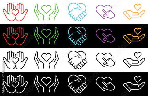 Symbol of Love, Care, and Support icons. Heart and Hands Icons. Vector illustration isolated on black and white background.