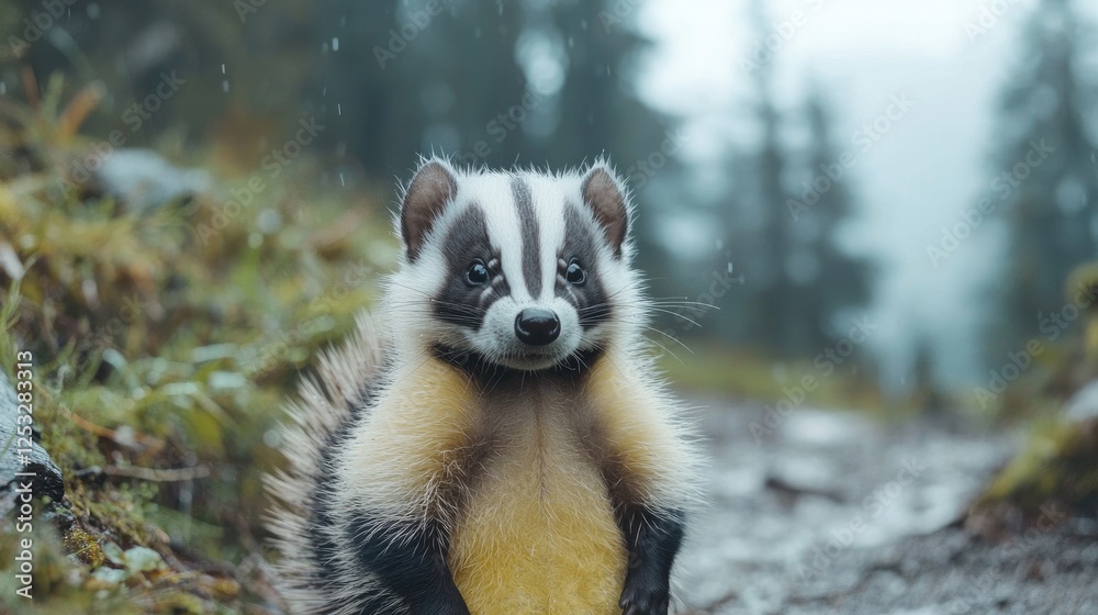 Cute Badger Cub in Mountain Rain. Possible stock photo use Nature image showcasing wildlife Cute Badger Cub in Mountain Rain. Possible stock photo use Nature image showcasing wildlife