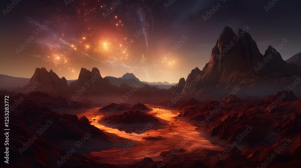 Fototapeta premium Alien planet with strange rock formations, glowing rivers of lava, and an eerie sky filled with unfamiliar celestial bodies, otherworldly and awe-inspiring