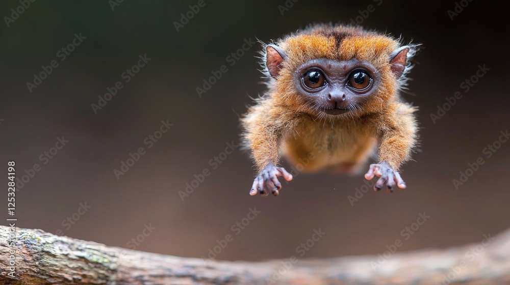 Fototapeta premium Baby lemur leaping from tree branch in forest