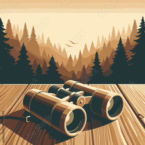 Classic binoculars on a wooden surface with forest background, warm tones, nature exploration, copy space
