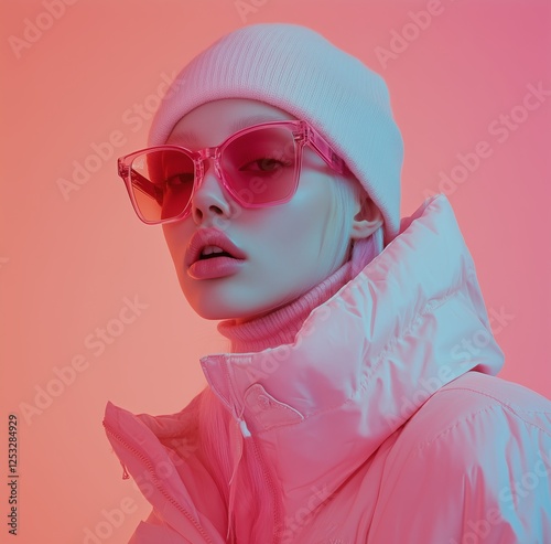 Model showcases pink winter fashion with bold sunglasses against a vibrant backdrop